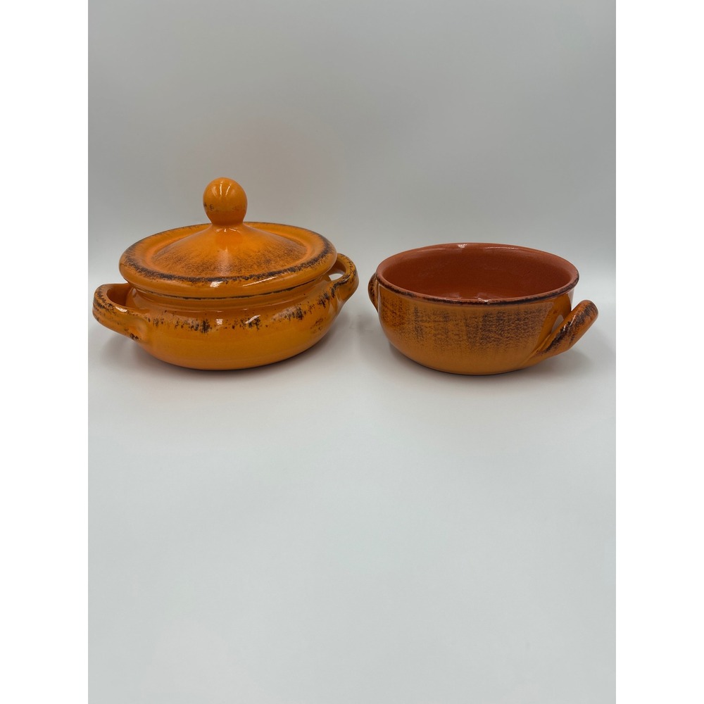 Vintage Italian Terracotta Soup Bowl‎ Set with Lidded Crock Orange Made in Italy